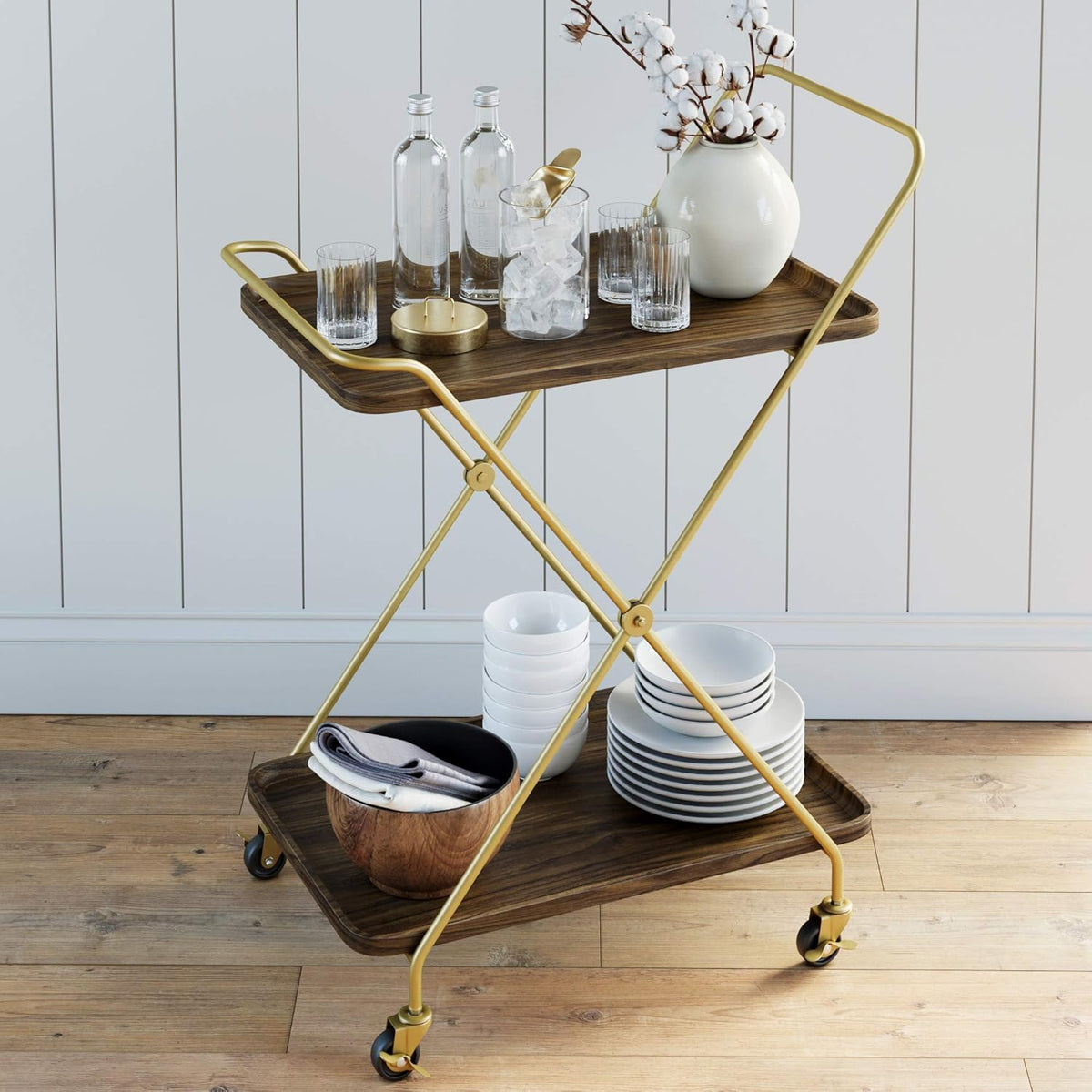 Rolling Bar Tea or Cocktail 2-Tiered Serving Cart Metal Frame Oak Wood Shelf M9266