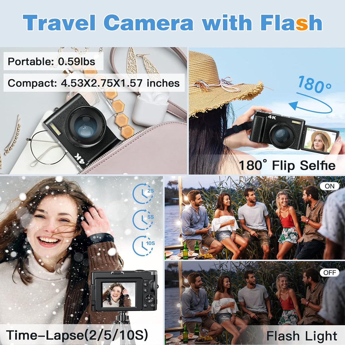 48MP 4K Digital Camera with 16X Digital Zoom, 3'' Flip Screen, Flash, SD Card, 2 Batteries V227