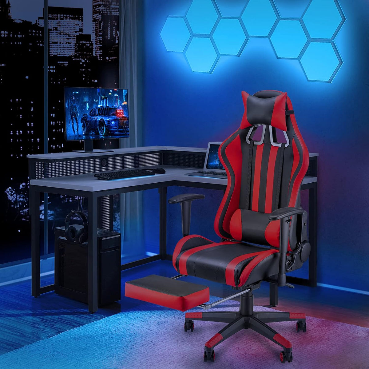 Gaming Chair with Footrest, Ergonomic Office Chair, Black/Red E88321