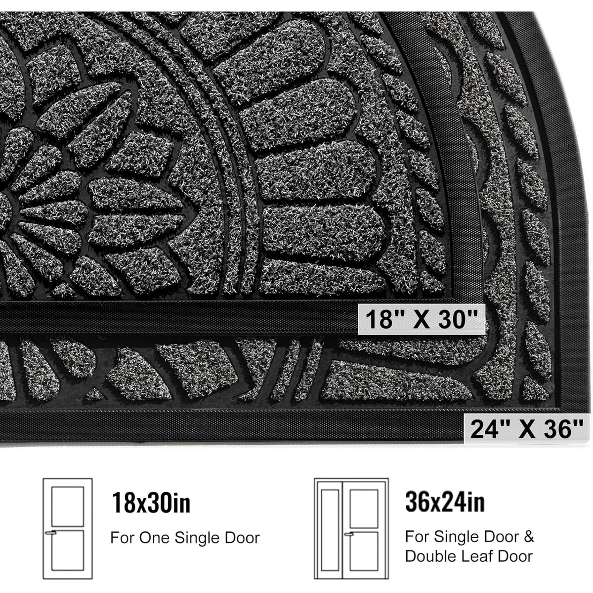 Half Round Door Mat, Non-Slip Rubber Low-Profile Doormat, 23.5" x 35.5", Gray T576