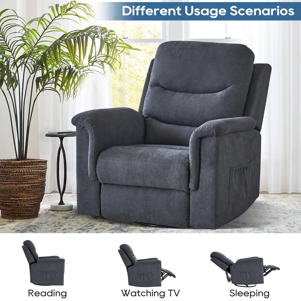 Grey Velvet Manual Swivel Rocker Recliner Chair F749
