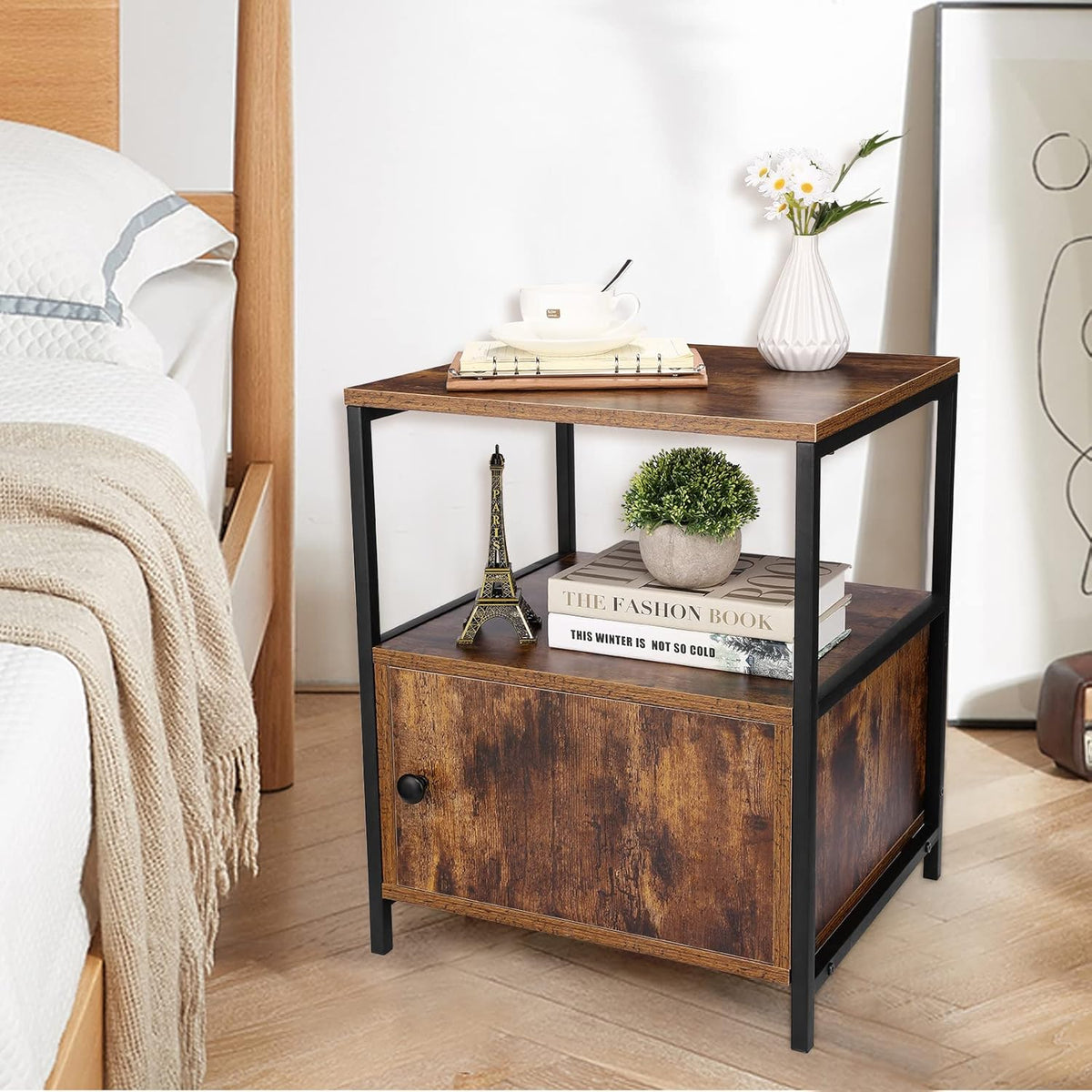 White 3 Shelf End Table with Storage F650