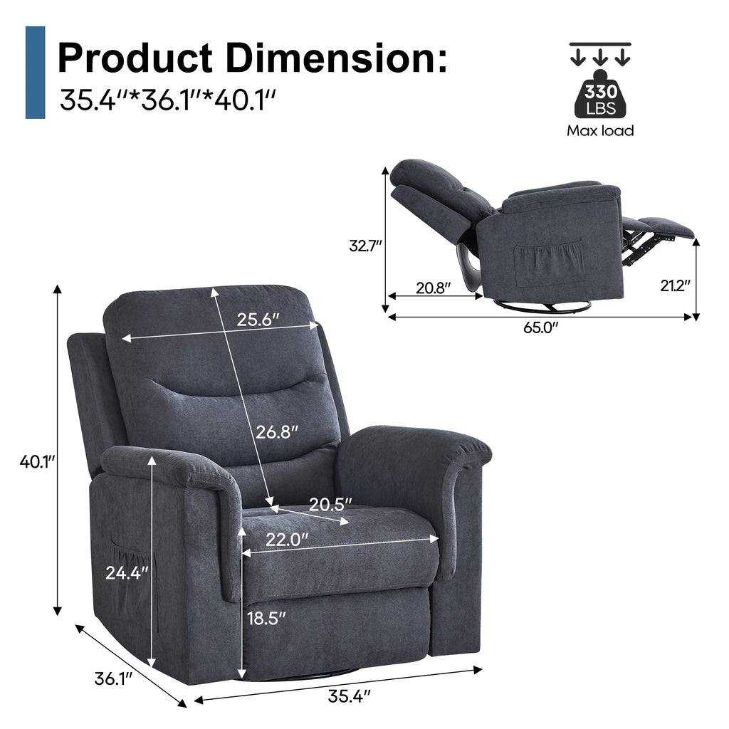 Grey Velvet Manual Swivel Rocker Recliner Chair F749
