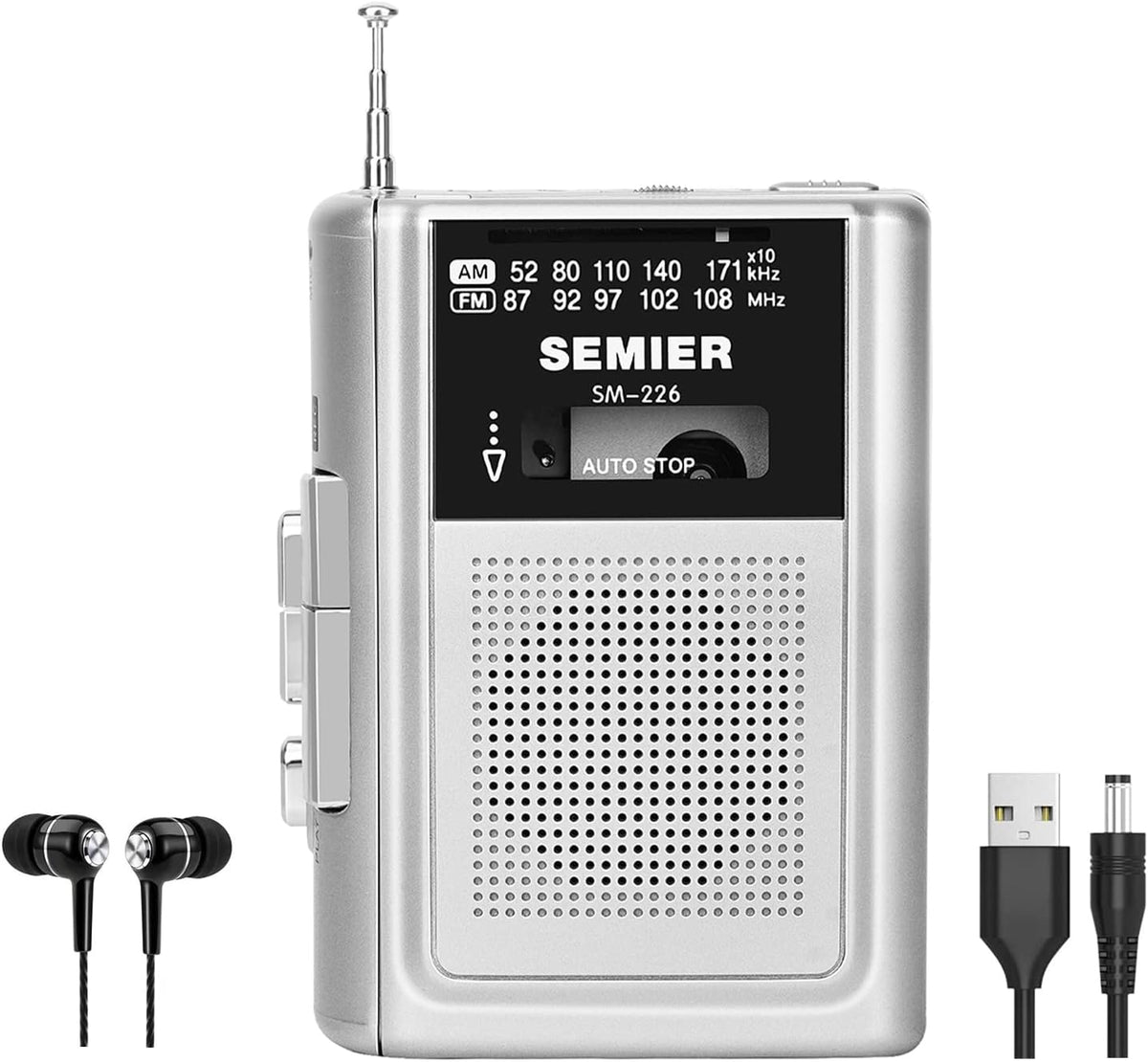 Silver Portable Cassette Player Recorder AM FM Radio Stereo with Built in Speaker and Earphones I490