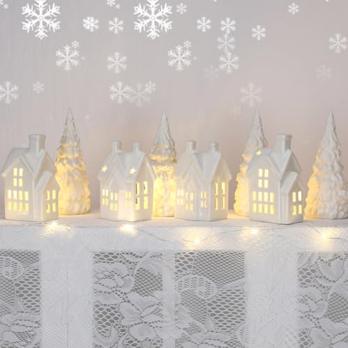 17 Piece Christmas Village Set with 4 LED White Ceramic Houses, 4 Ceramic Trees, Plastic Truck, 7 Branch Trees G59358