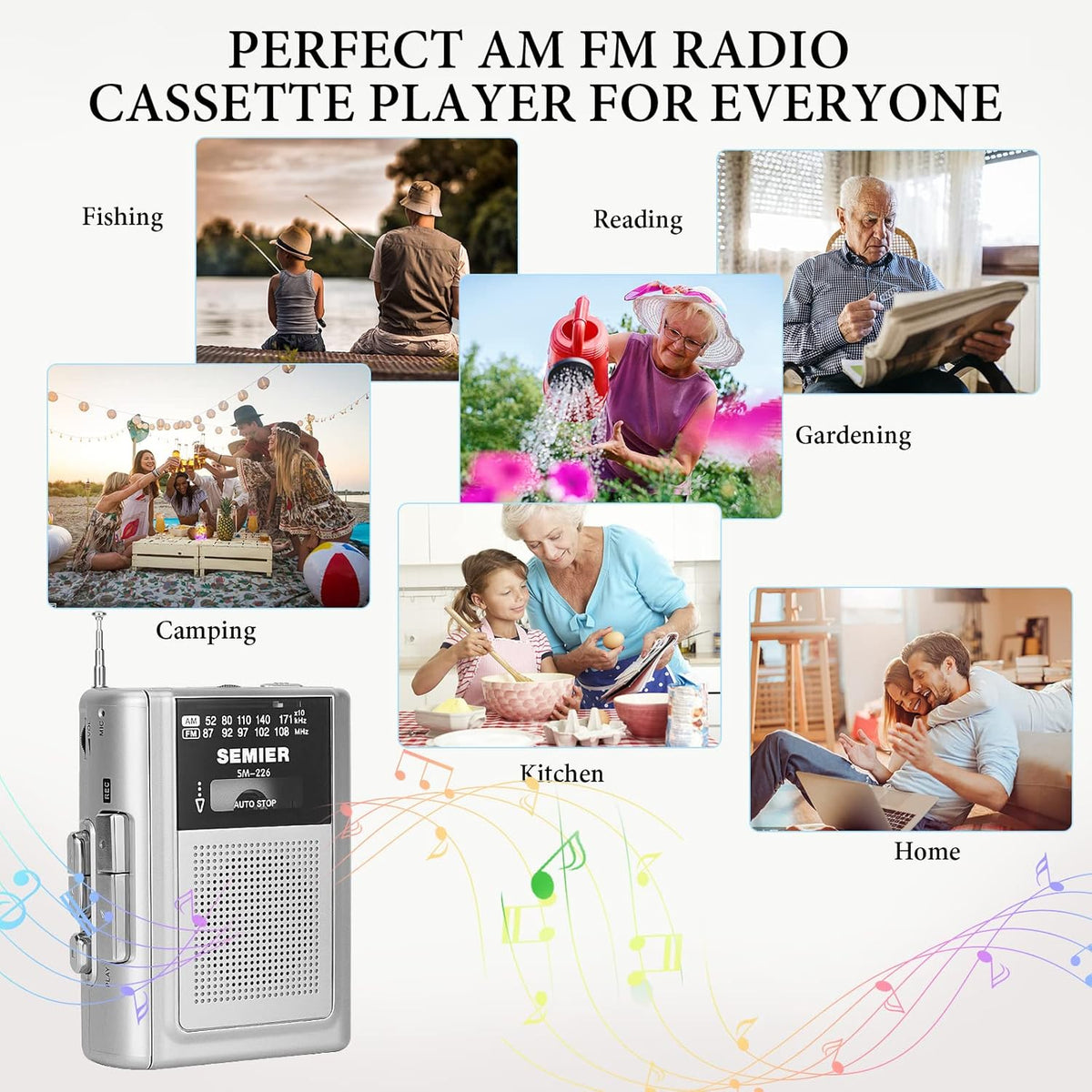 Silver Portable Cassette Player Recorder AM FM Radio Stereo with Built in Speaker and Earphones I490