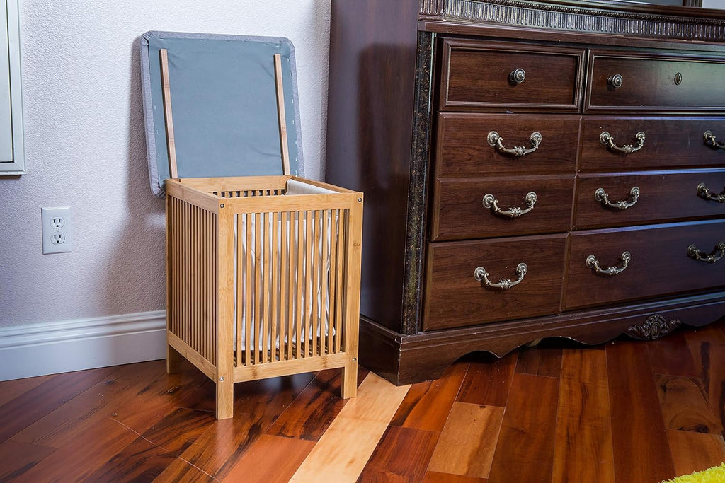 Bamboo Laundry Storage Basket Ottoman 21 Inch Tall Brown and White A719