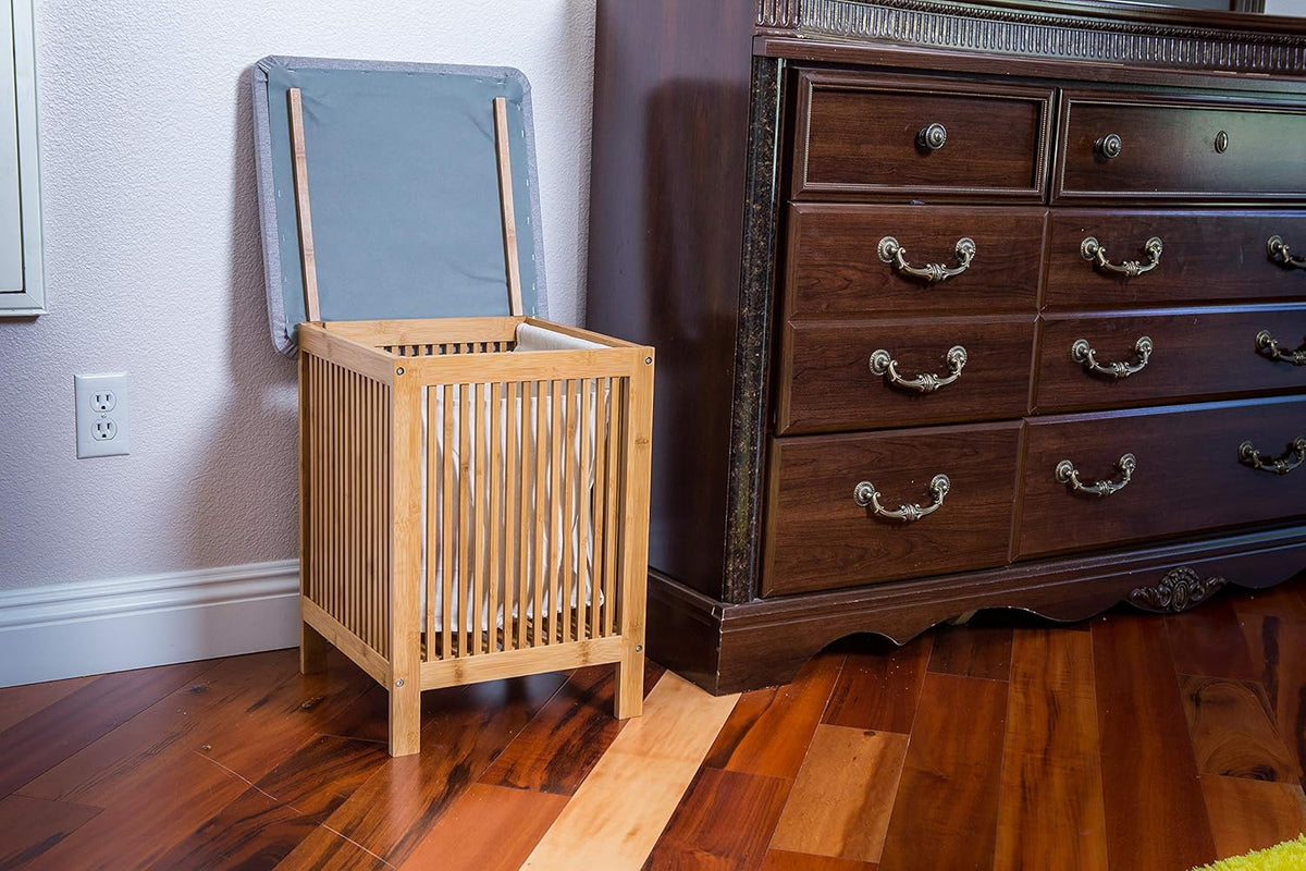 Bamboo Laundry Storage Basket Ottoman 21 Inch Tall Brown and White A719