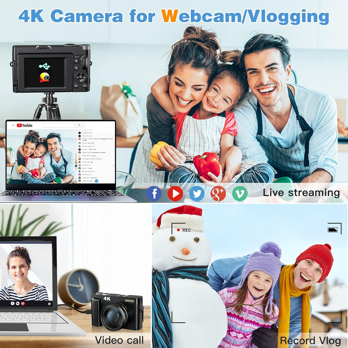 48MP 4K Digital Camera with 16X Digital Zoom, 3'' Flip Screen, Flash, SD Card, 2 Batteries V227
