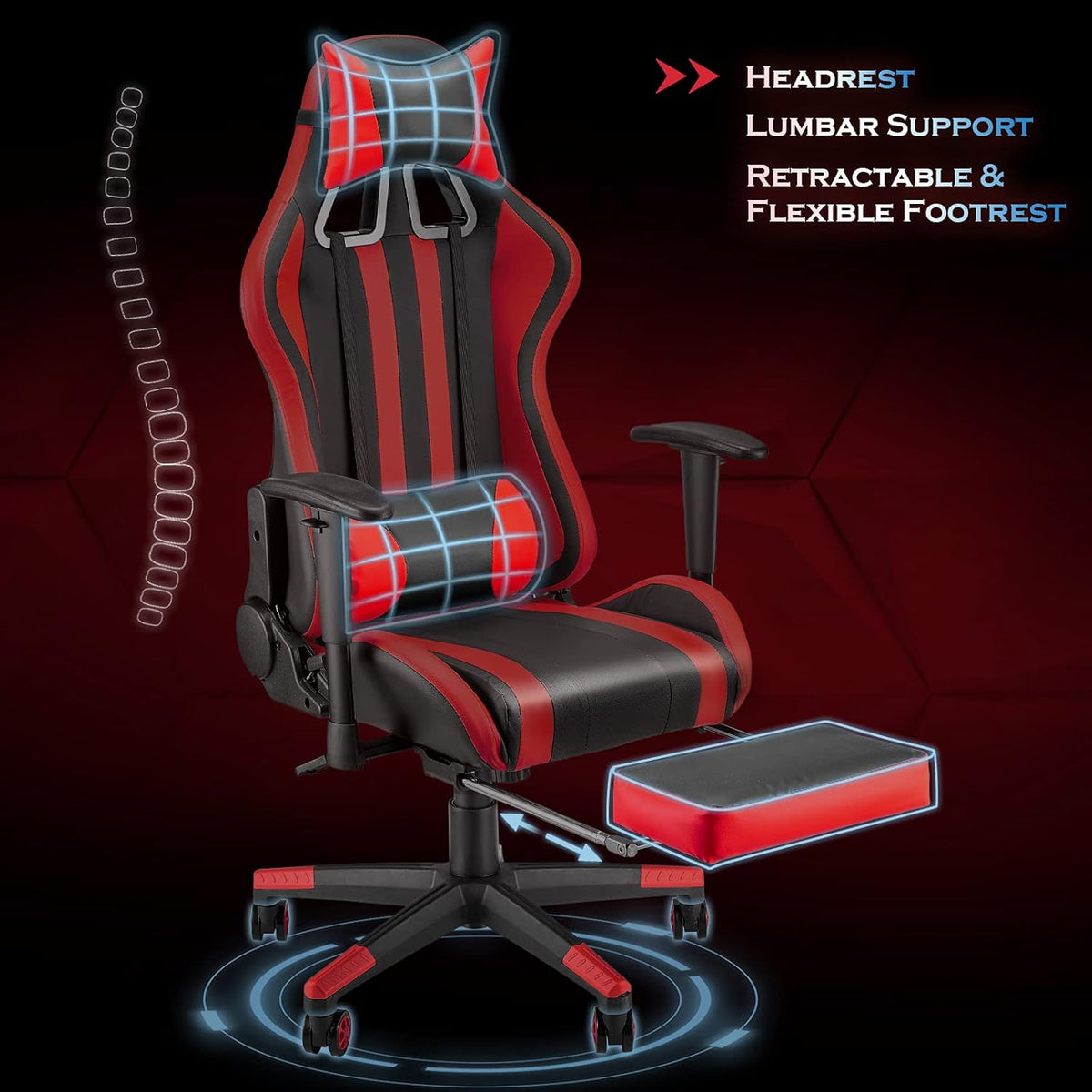 Gaming Chair with Footrest, Ergonomic Office Chair, Black/Red E88321
