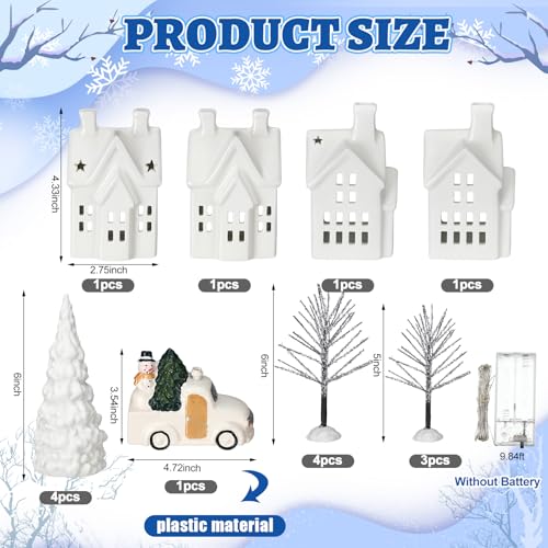 17 Piece Christmas Village Set with 4 LED White Ceramic Houses, 4 Ceramic Trees, Plastic Truck, 7 Branch Trees G59358