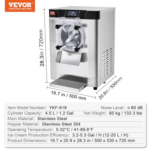 Commercial Ice Cream Machine 1400W 20/5.3 Gph Hard Serve Ice Cream Maker with LED Display Screen L362