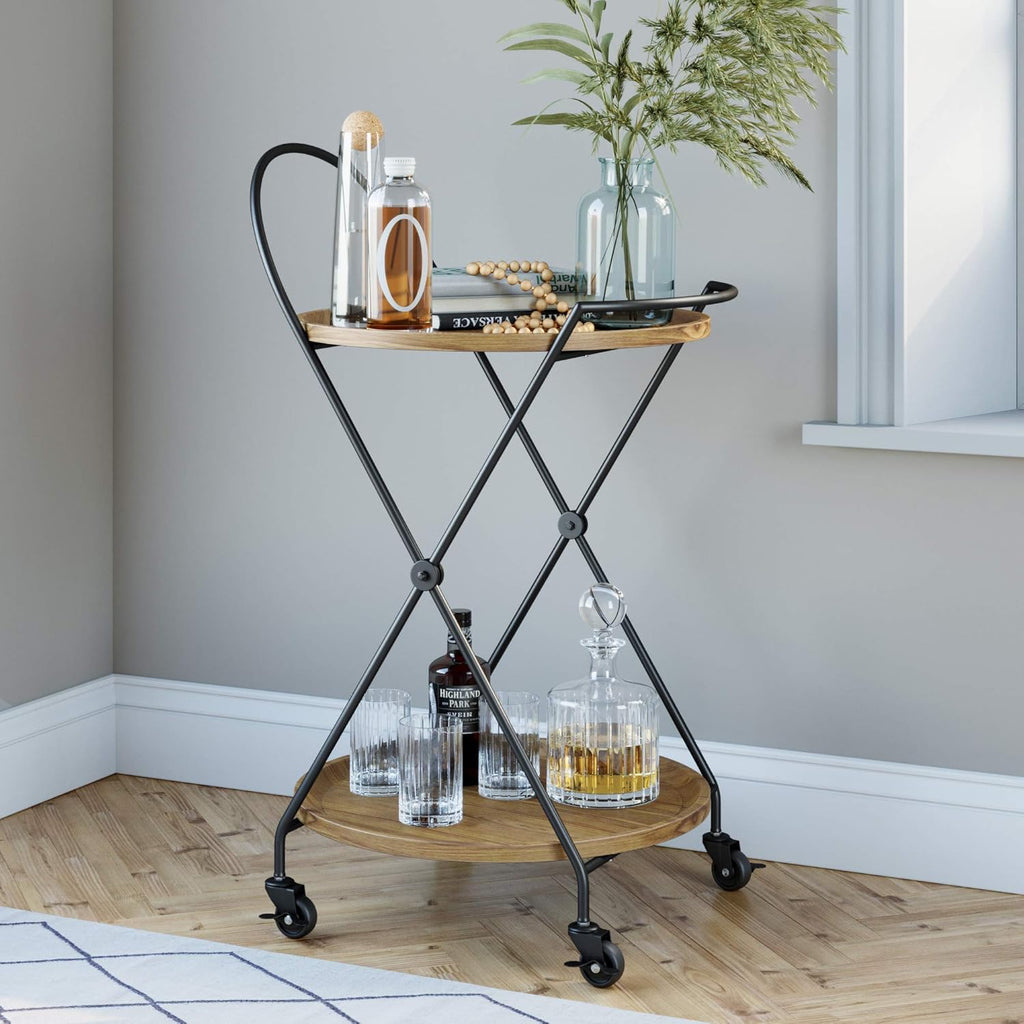 Rolling Bar Tea or Cocktail 2-Tiered Serving Cart Metal Frame Oak Wood Shelf M9266