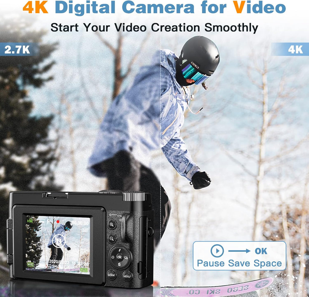 48MP 4K Digital Camera with 16X Digital Zoom, 3'' Flip Screen, Flash, SD Card, 2 Batteries V227