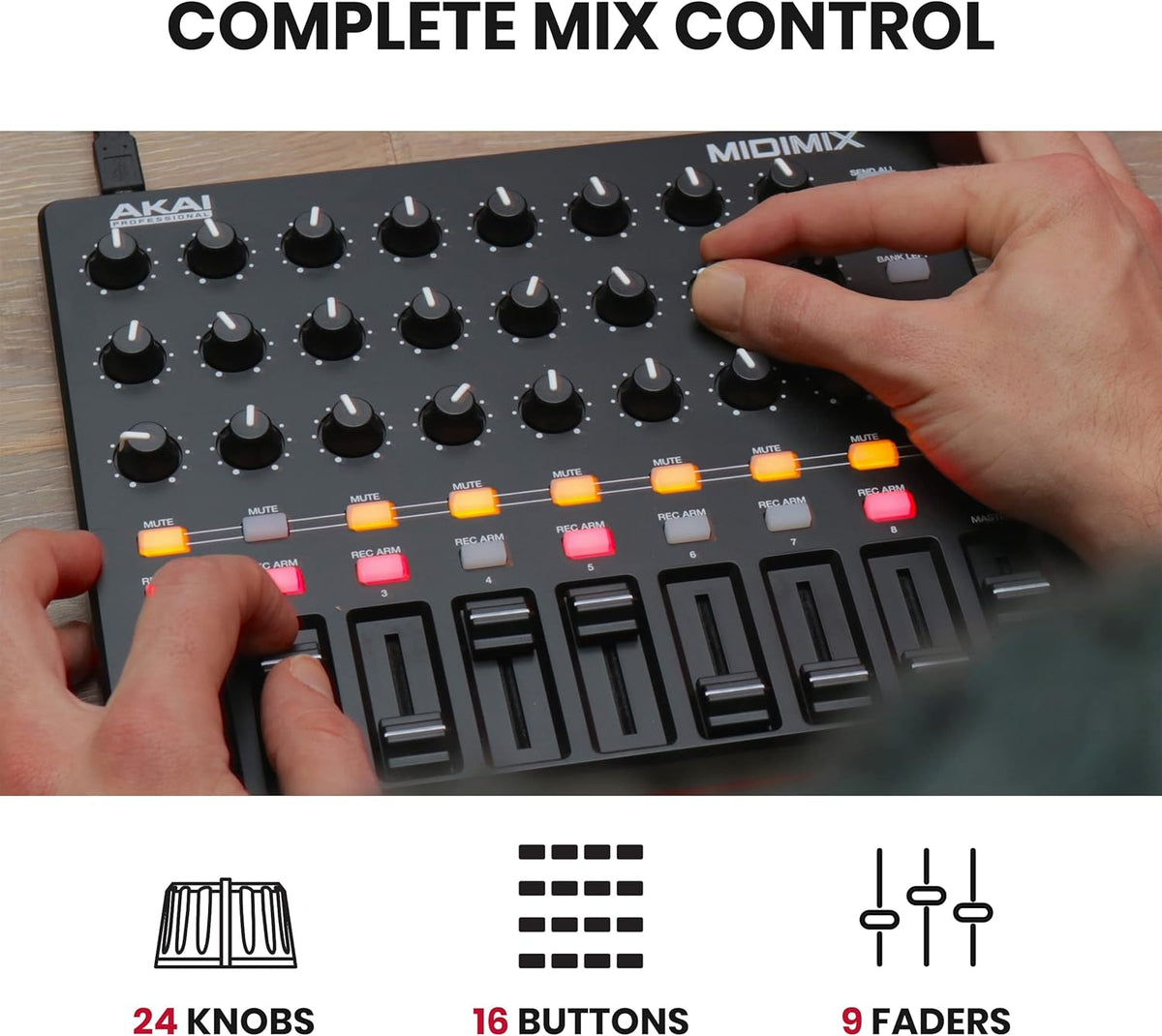 USB MIDI Controller Mixer with Assignable Faders, 24 Knobs, 16 Buttons C50601