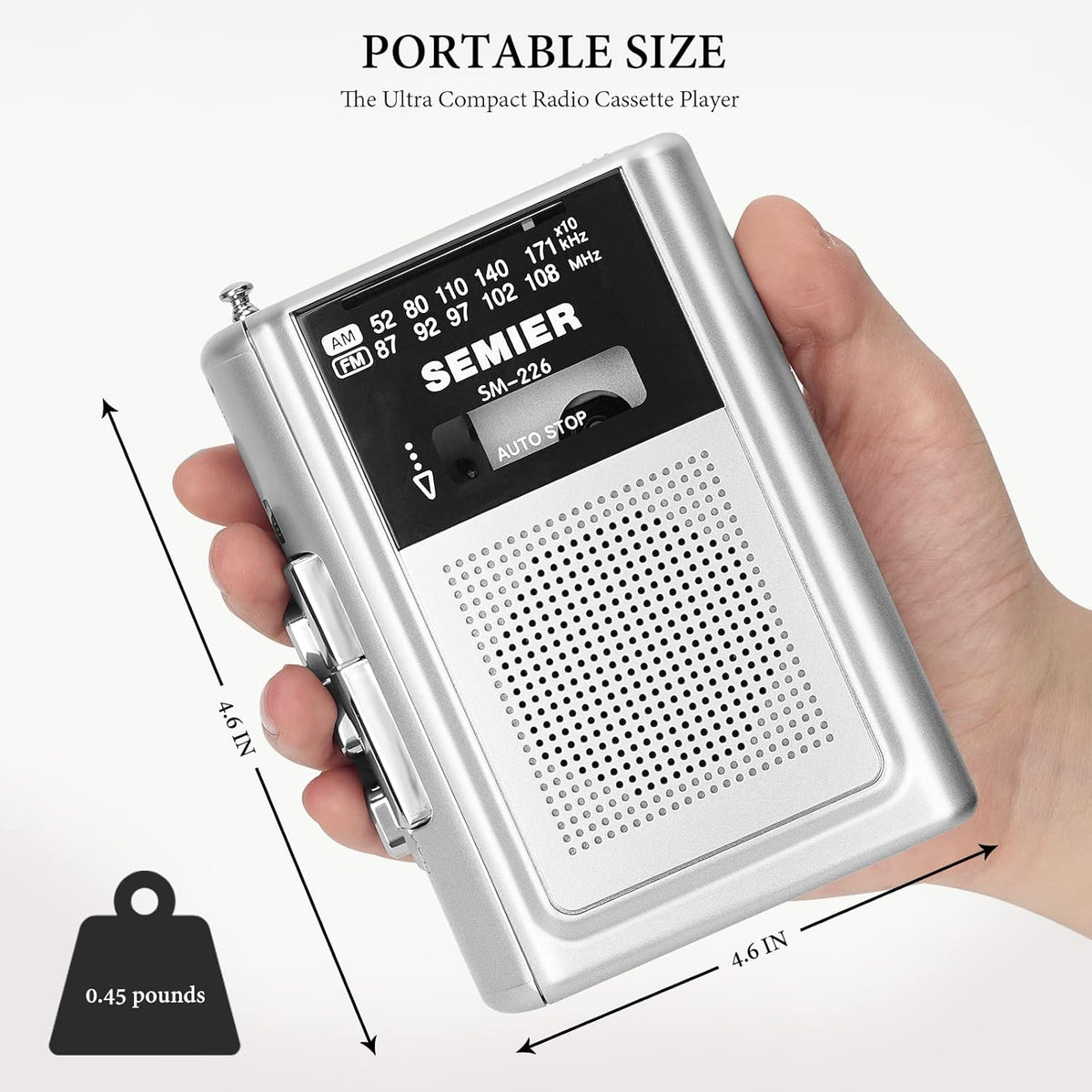 Silver Portable Cassette Player Recorder AM FM Radio Stereo with Built in Speaker and Earphones I490