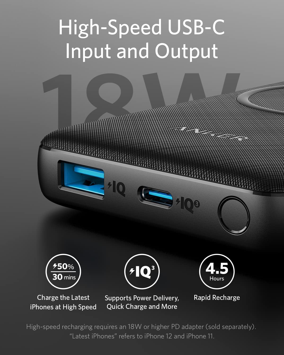 10,000 mAh Wireless Portable Charger with Qi-Certified 10W Wireless Charging and 18W USB-C Quick Charge E45948