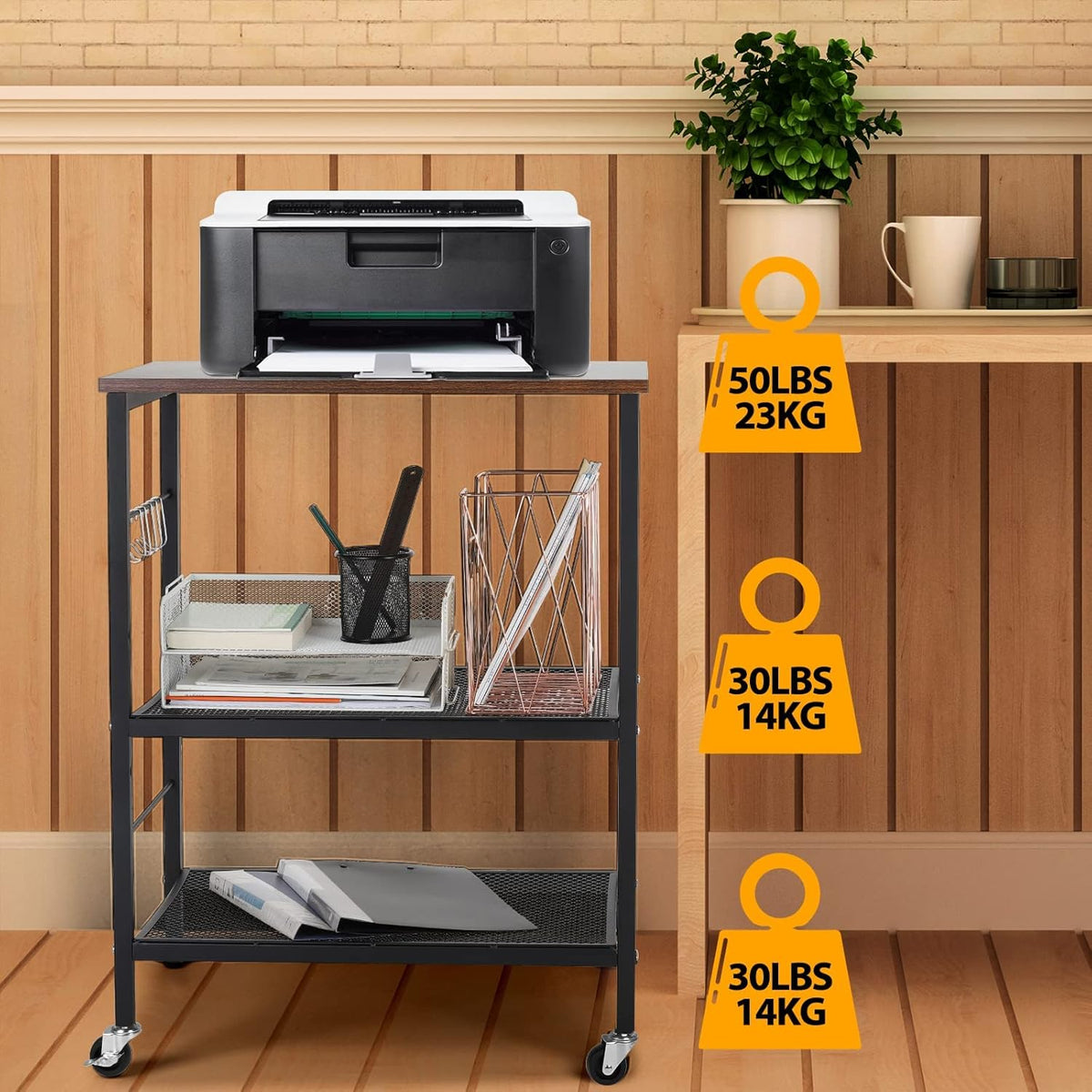 Kitchen Island on Wheels with Storage 3 Tier Microwave Oven Stand Rolling Utility Cart with 10 Hooks B701