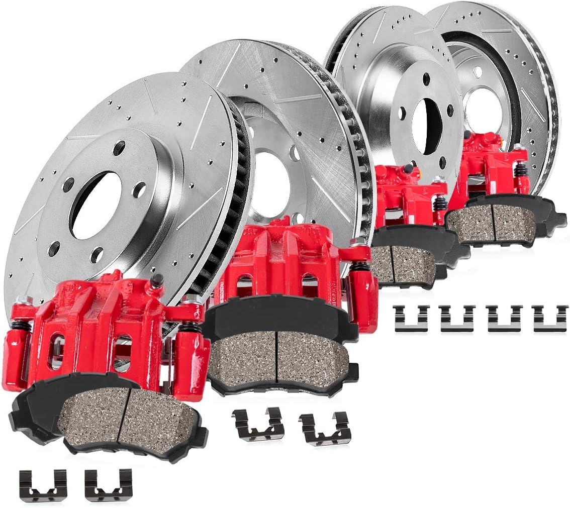 Powder Coated Red Calipers + Zinc Plated Rotors + Ceramic Pads C621