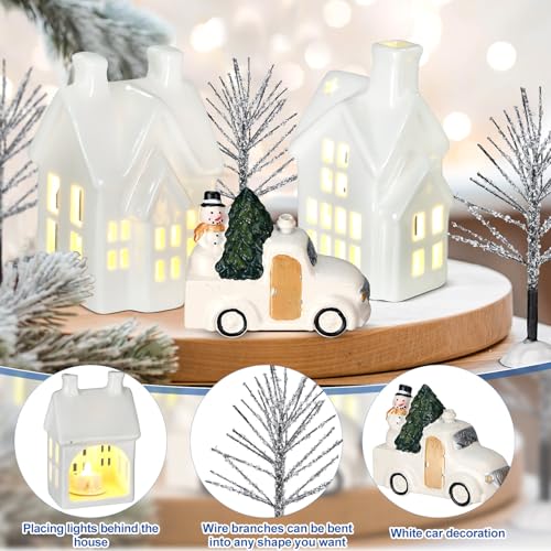 17 Piece Christmas Village Set with 4 LED White Ceramic Houses, 4 Ceramic Trees, Plastic Truck, 7 Branch Trees G59358
