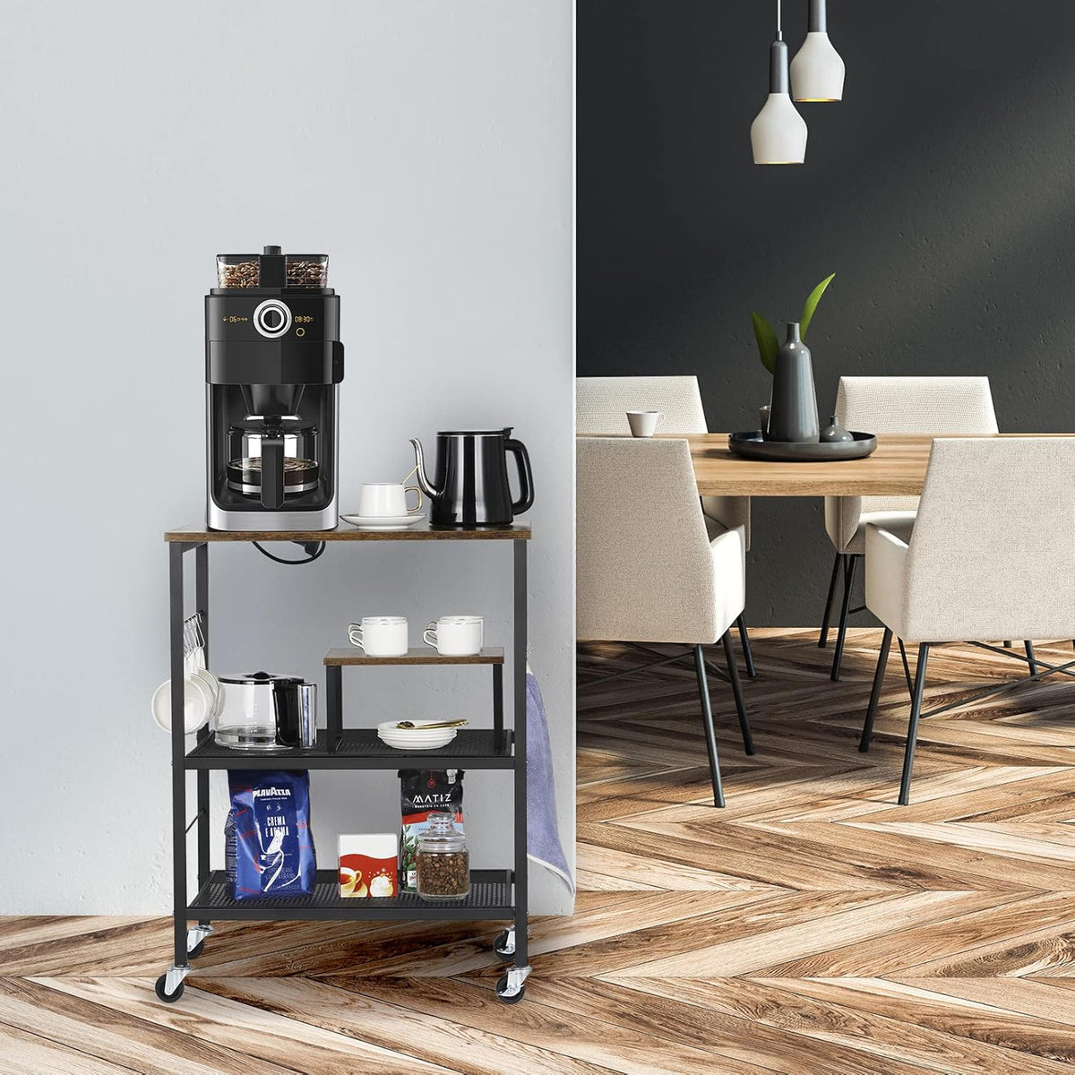 Kitchen Island on Wheels with Storage 3 Tier Microwave Oven Stand Rolling Utility Cart with 10 Hooks B701