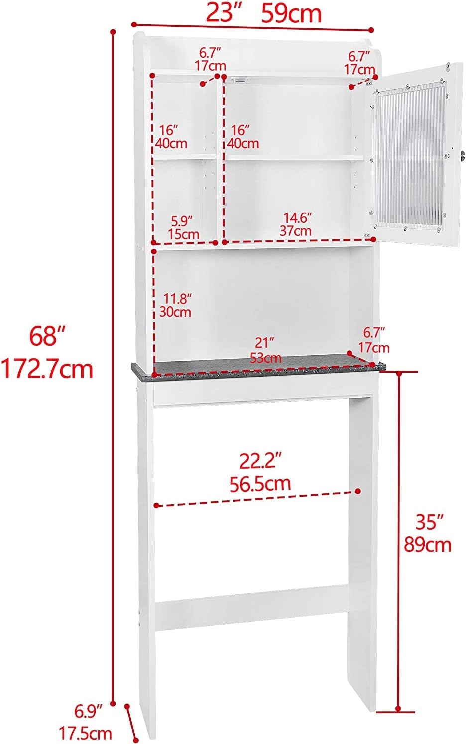 White 4-Tier Over The Toilet Storage Cabinet with Adjustable Shelves and Tempered Glass Door I913