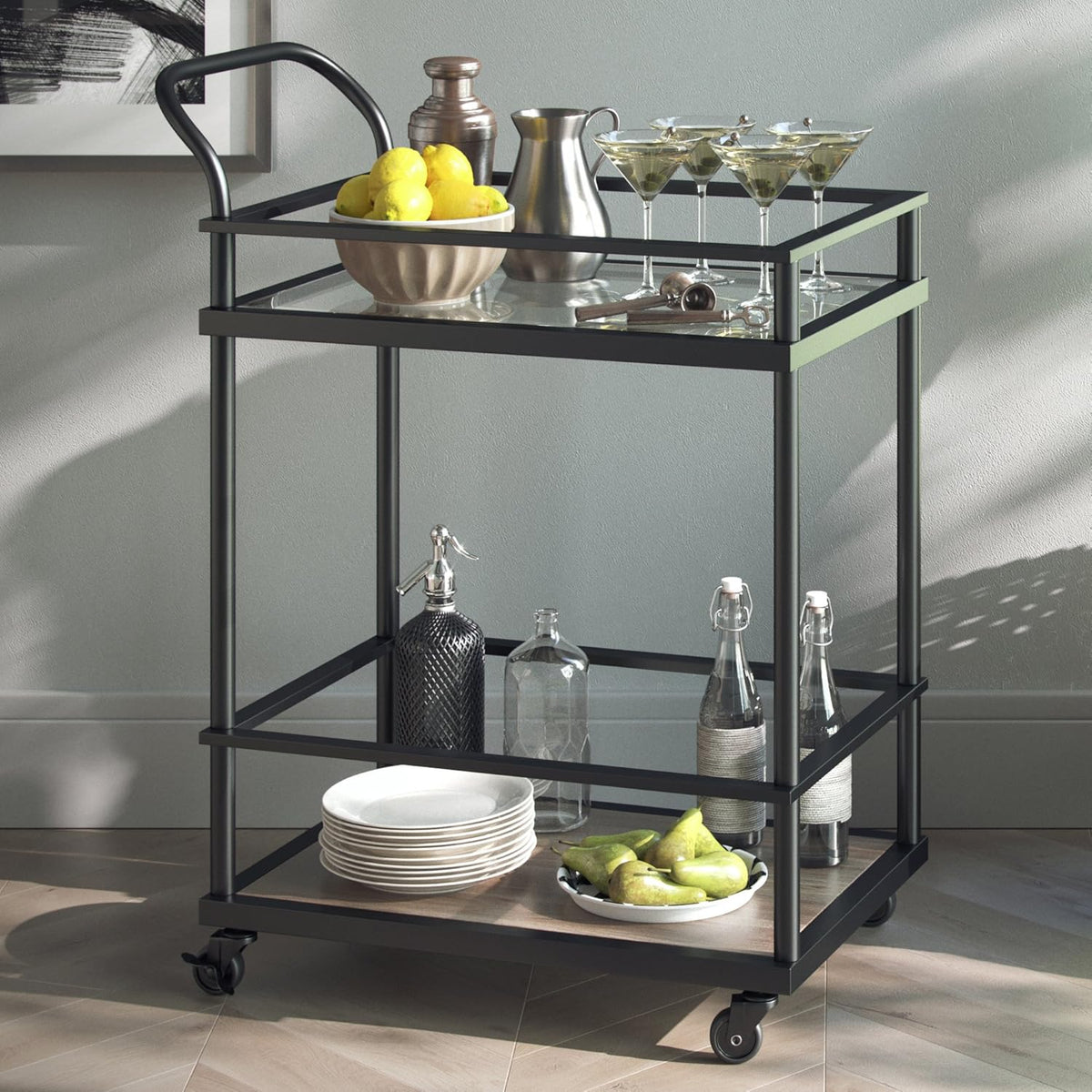 Rolling Bar Tea or Cocktail 2-Tiered Serving Cart Metal Frame Oak Wood Shelf M9266