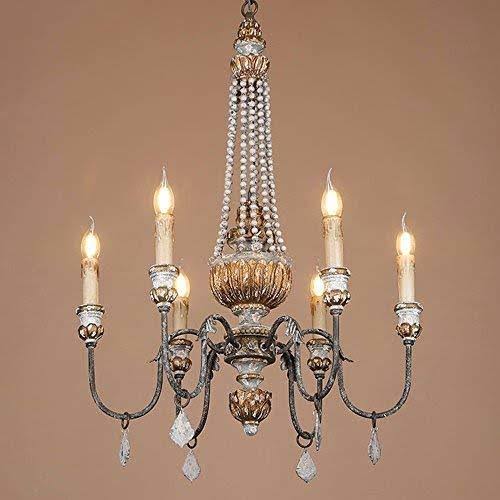 Retro Rustic 6-Light Wood Metal Crystal Candle Style Chandelier N52511