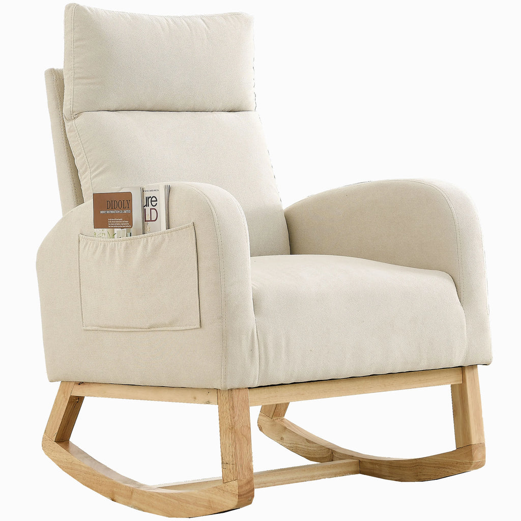 White Fabric Upholstered Rocking Chair with Solid Wood Base and 2 Side Pockets Y5266