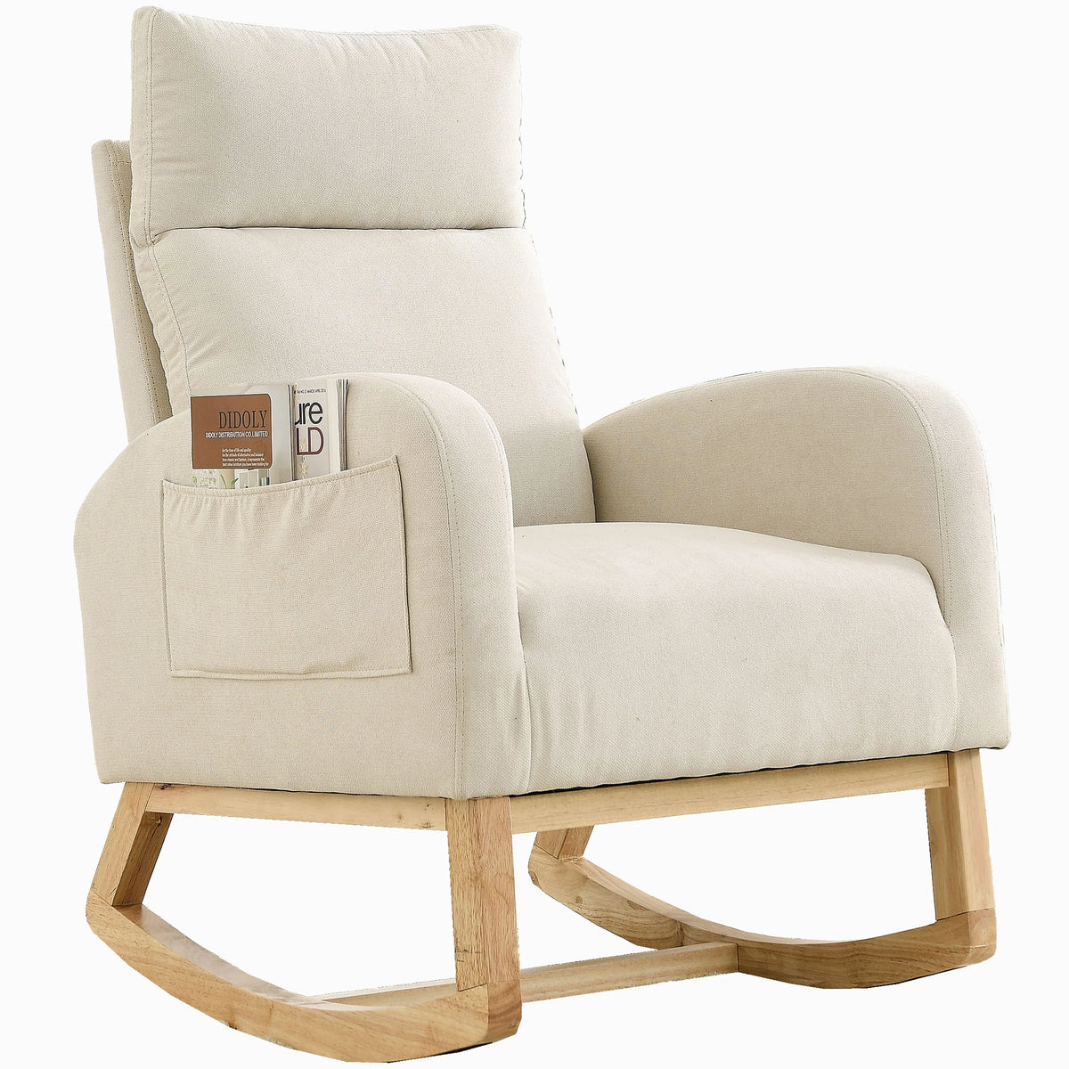 White Fabric Upholstered Rocking Chair with Solid Wood Base and 2 Side Pockets Y5266