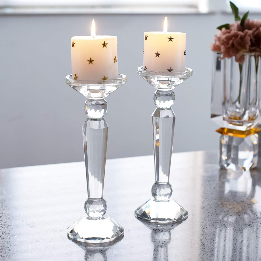 2-Pack Clear Crystal Candle Stick Holders (10.6inches Tall) V1458