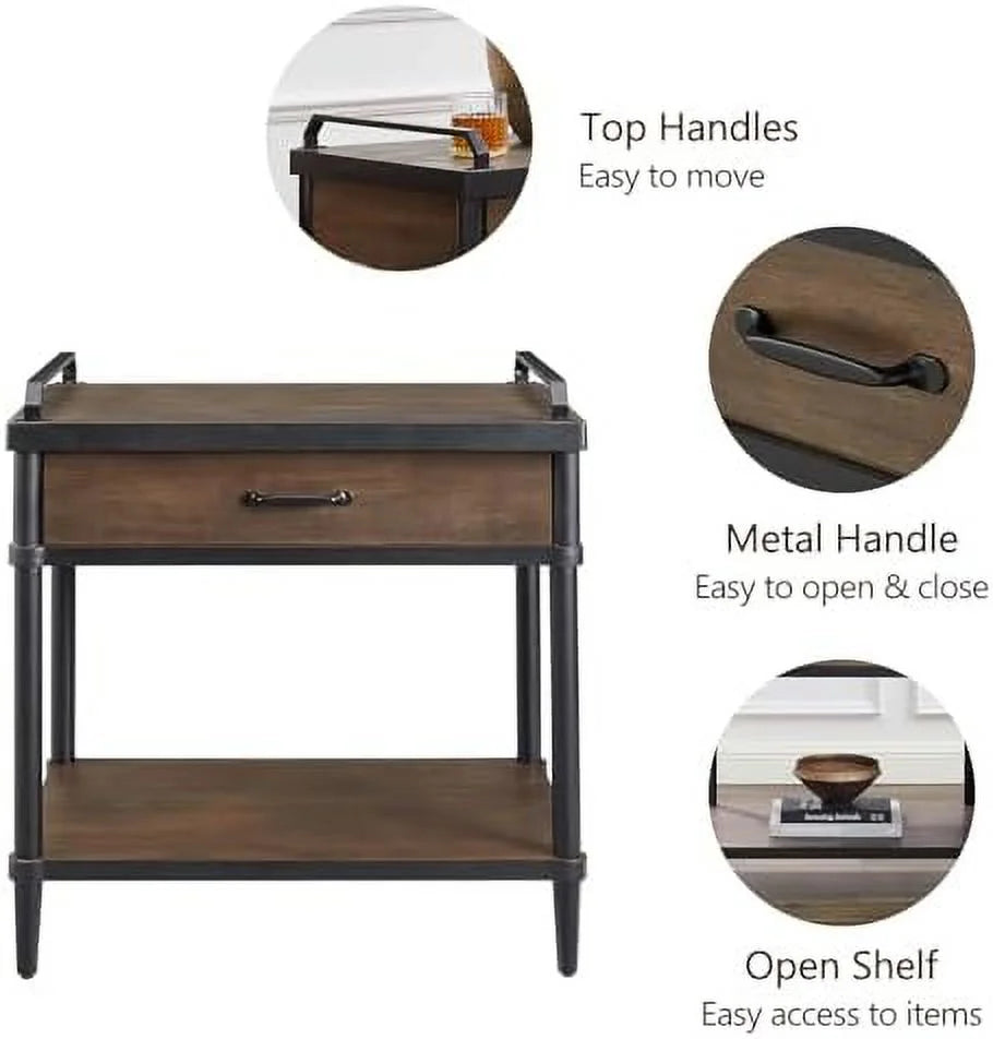 Rustic Brown and Black Nightstand with Drawer and Open Shelf O2081