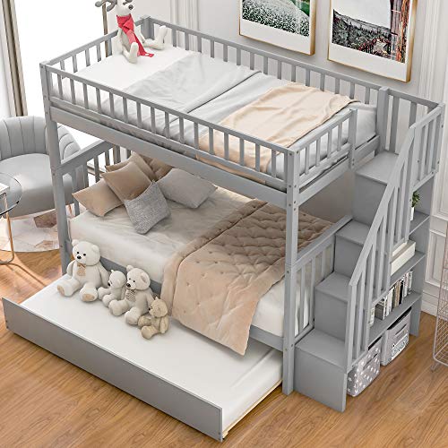 Gray Twin Over Twin Solid Wood Bunk Bed with Stairs and Trundle A438