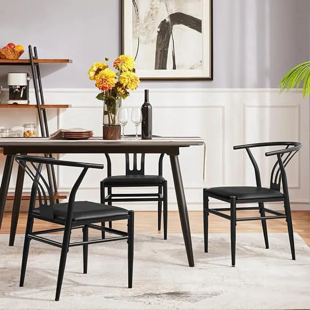 Black Set of 4 Metal Dining Chair with Y-Shaped Backrest PU Leather Seat D56235