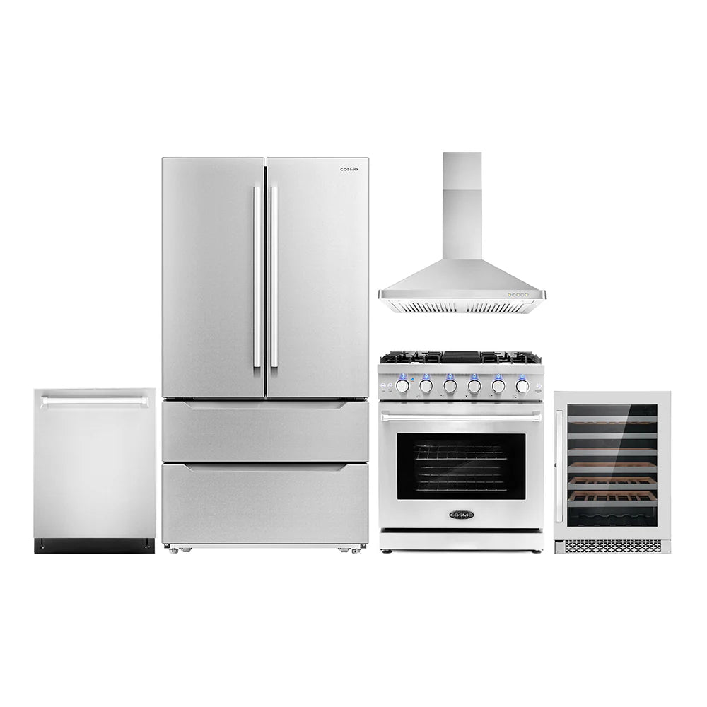 30 Gas Range, Wall Mount Range Hood, Dishwasher, Refrigerator with Ice Maker and Wine Cooler F767087