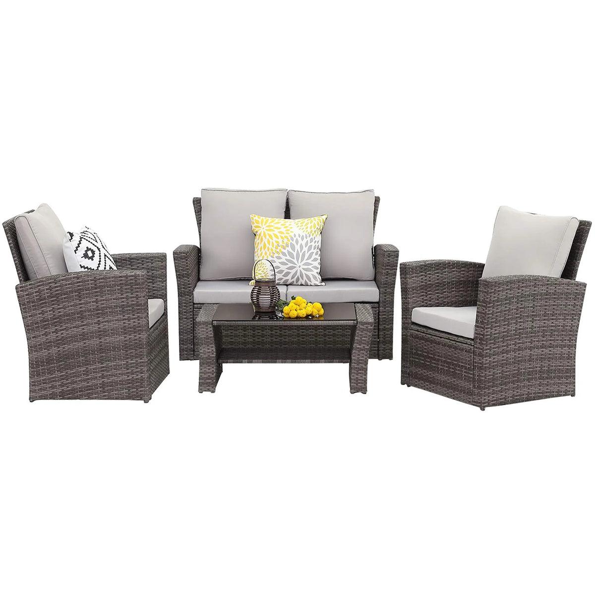 4 Pcs Brown Wicker Patio Conversation Sofa Set with Coffee Table B91999