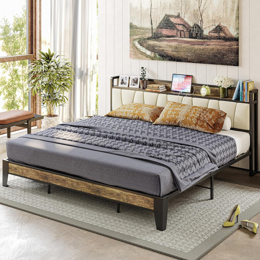 King Bed Frame with Storage Headboard and Charging Station R71304