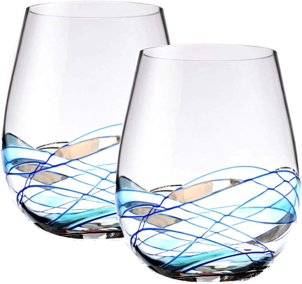 Hand Painted Stemless Wine Glasses Set Of Two 18 Ounces Blue B6682