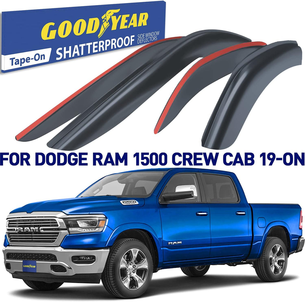 Shatterproof Side Window Deflectors for Trucks Dodge RAM 1500 2019-2022 Crew Cab, Tape-on Rain Guards, 4pcs Z172