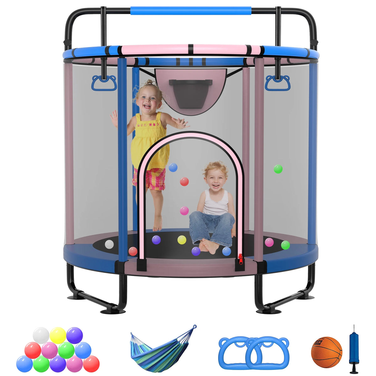 60'' Kids Trampoline with Swing, Enclosure Net and Basketball Hoop U98757