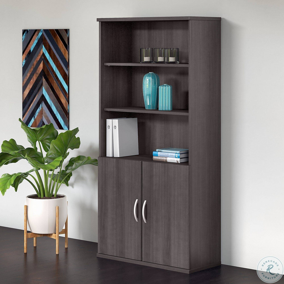 Storm Gray 5 Shelf Bookcase with Doors F988814