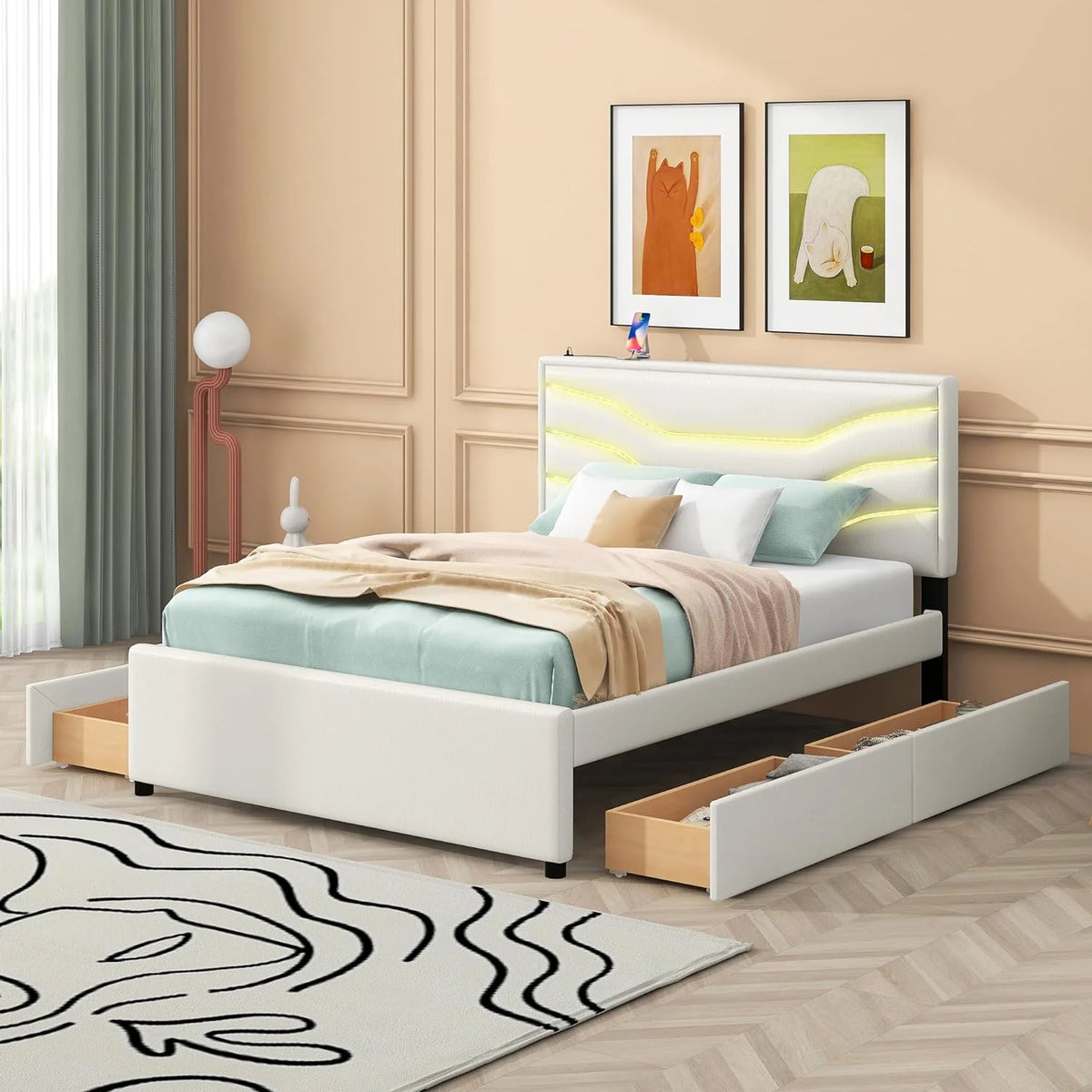 White Queen Upholstered Platform Bed Frame with Storage Drawers Q5176