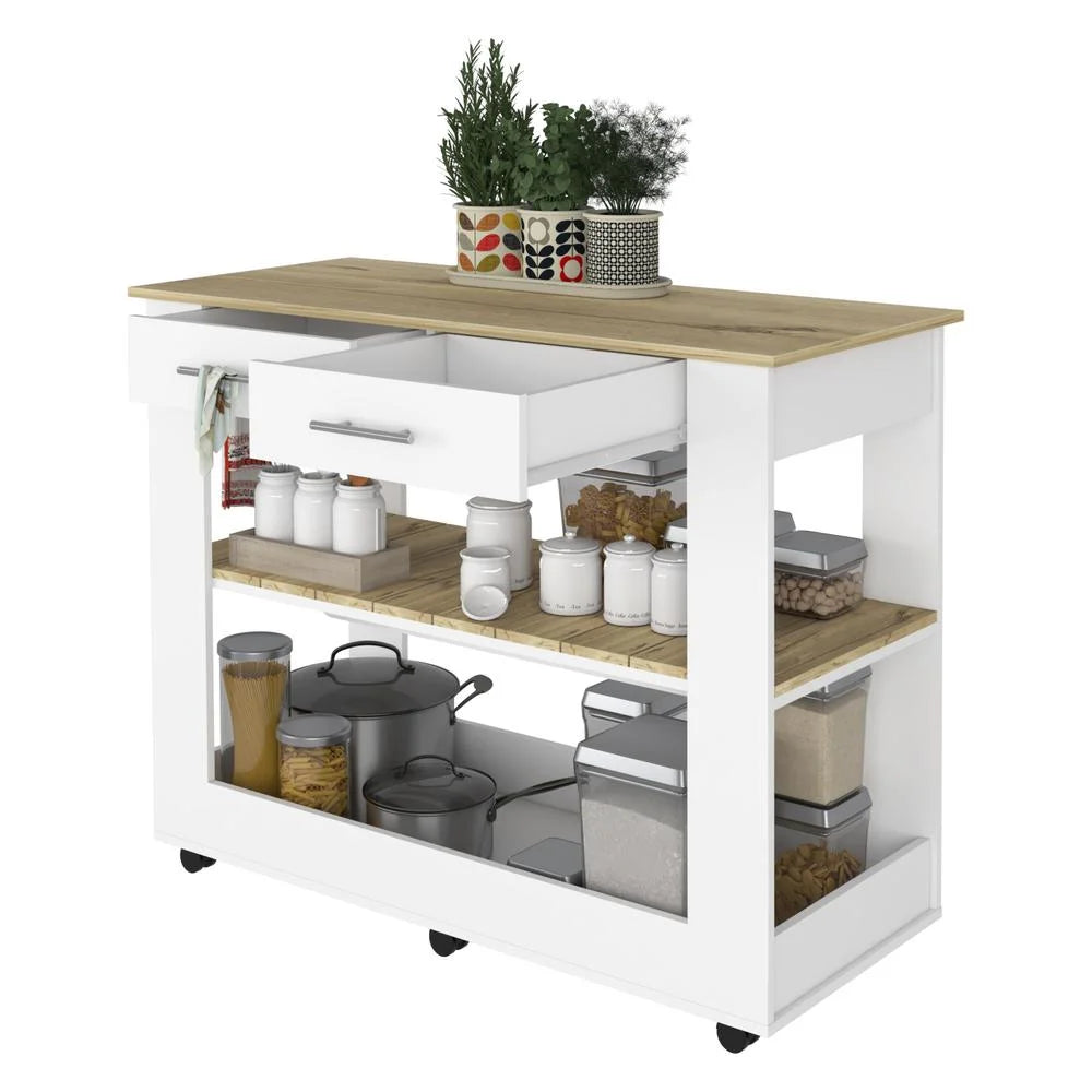 White Engineered Wood Kitchen Island with Two Drawers E455