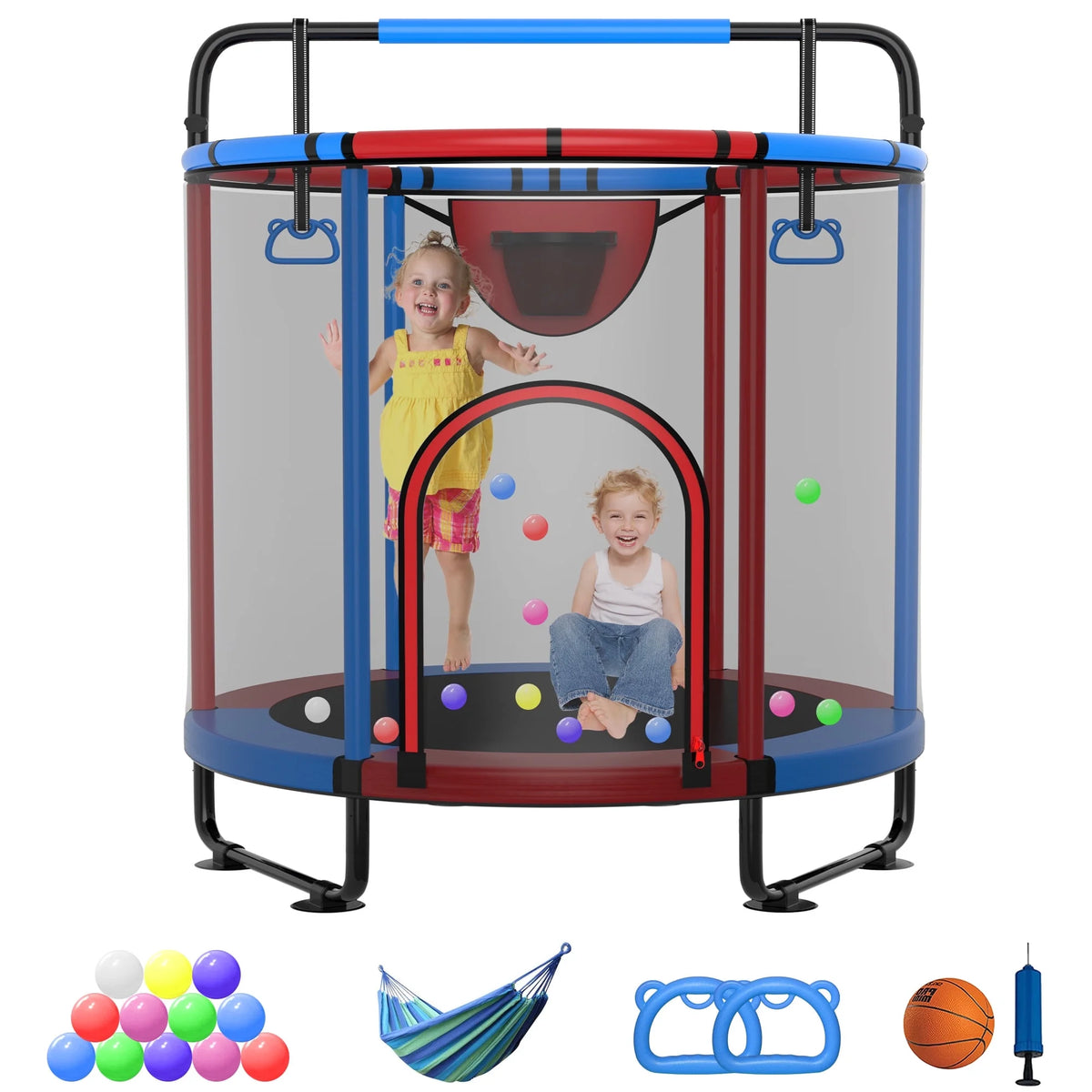 60'' Kids Trampoline with Swing, Enclosure Net and Basketball Hoop U98757