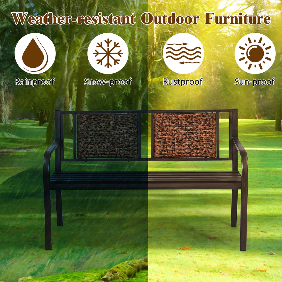 Patio Garden Bench Steel Frame Rattan Backrest P293