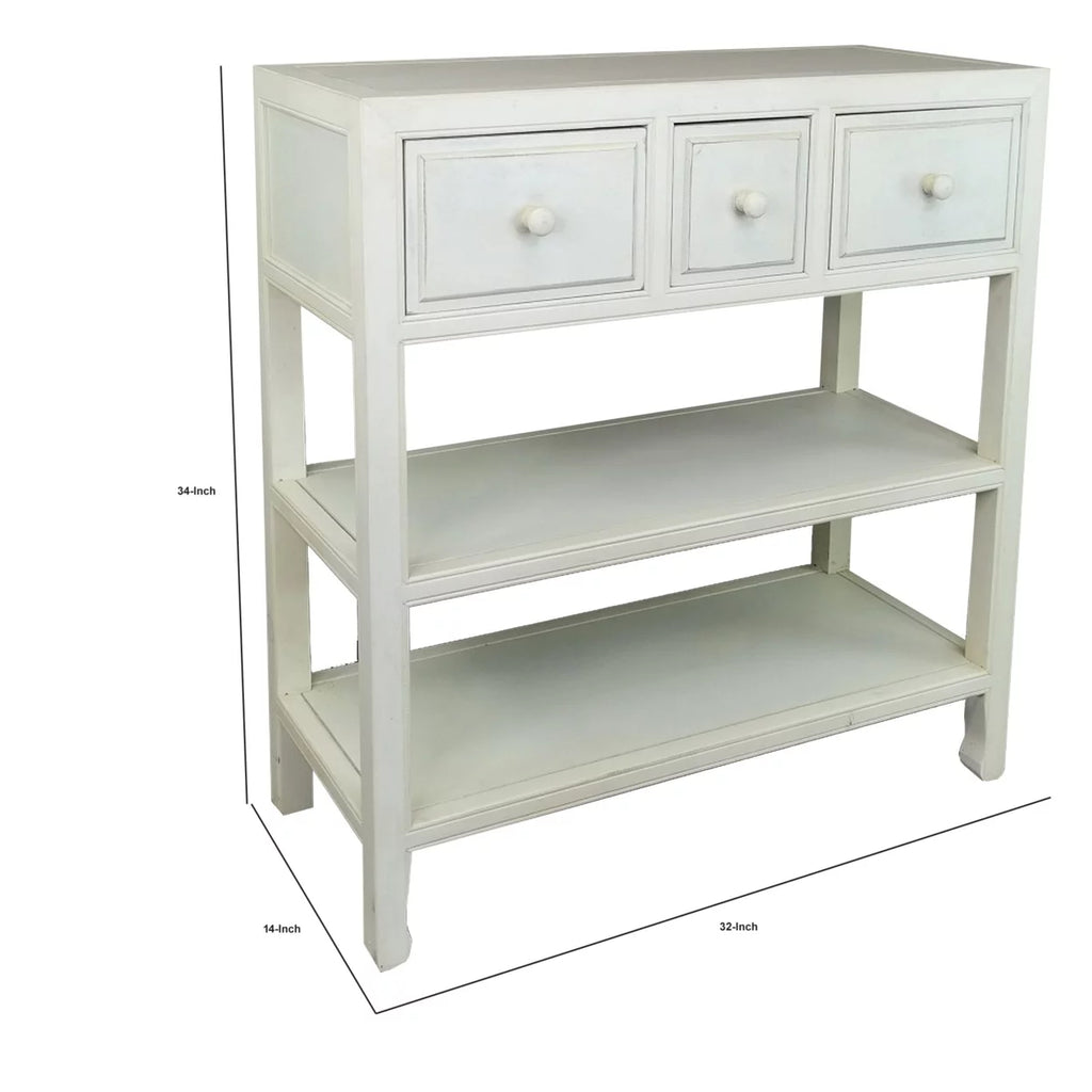 34 Inch White Wood Console Table with 3 Drawers and 2 Shelves O457