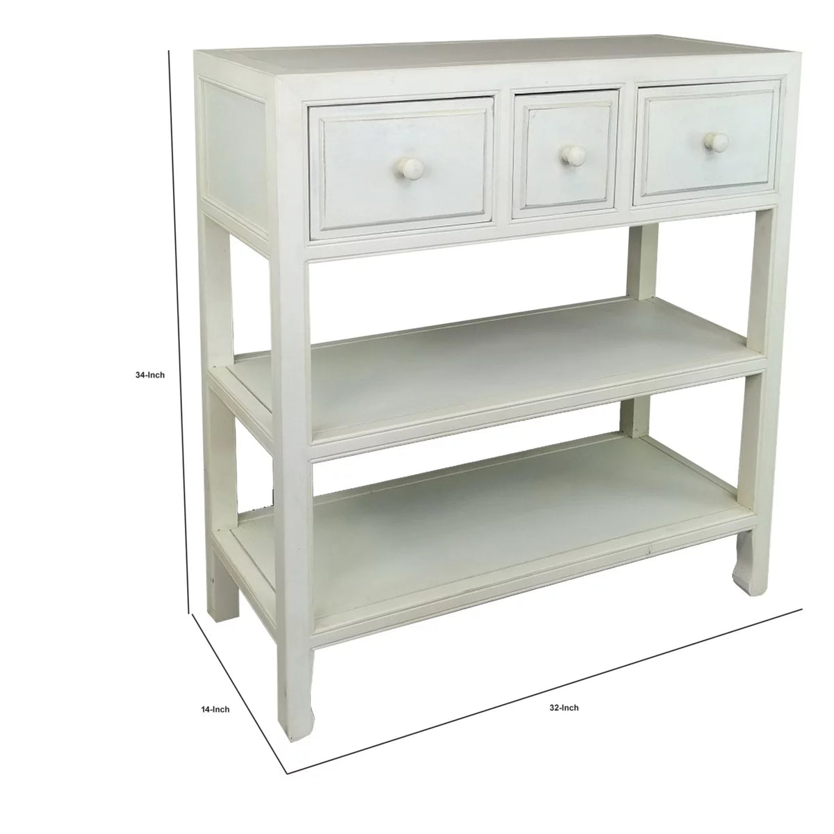 34 Inch White Wood Console Table with 3 Drawers and 2 Shelves O457