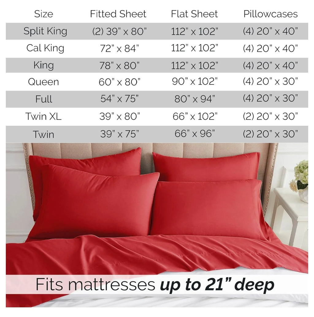 Twin XL 4-Piece Red Bed Sheets with 21" Deep Fitted Sheet T522