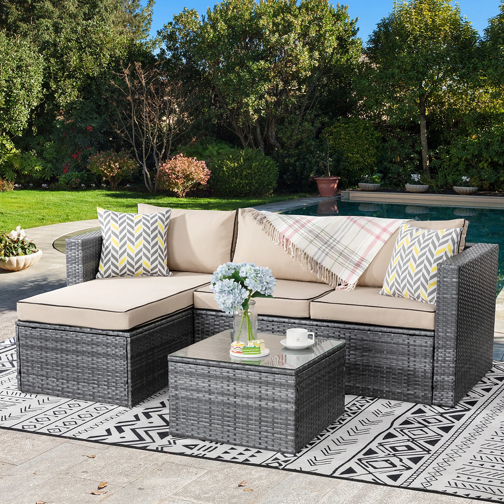 3 Piece Aegean Blue Black Rattan Wicker Sectional Sofa V611
