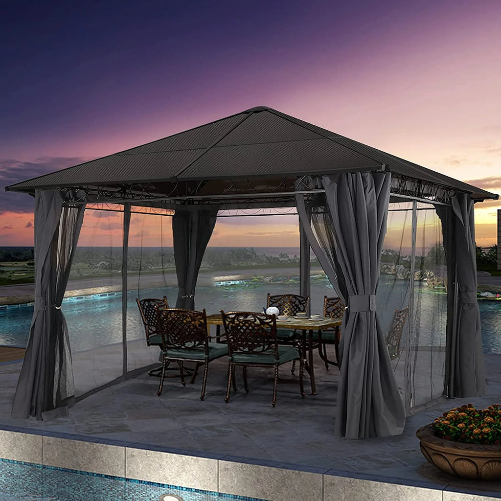10x10 Hardtop Patio Gazebo with Netting and Screen Walls Curtains, Dark Gray W615